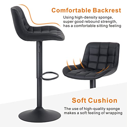 2 Taburetes de Bar Tapizado en Piel para Cocina con Respaldo Ajustable en Altura y Giratorio en color Negro. Confortable. YOUTASTE