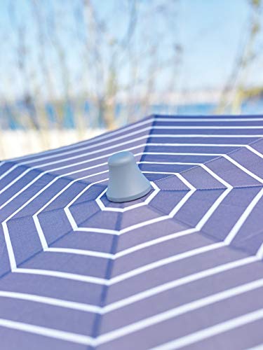 Detalle de la Sombrilla Parasol de aluminio ligero y plegable para terraza o playa de 155cm con Protección solar UPF 50+. Estampado a rayas. Incluye con funda de transporte. Color azul a rayas Hecho en España por EZPELETA