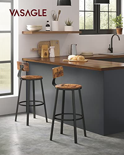 Vista en barra de cocina de Juego de 2 Taburetes Altos de cocina o sillas de Bar de 73 cm de Alto con Respaldo, estuctura de Acero, Fácil Montaje, Estilo Industrial Marrón Rústico y Negro LBC026B01V1. Vasagle