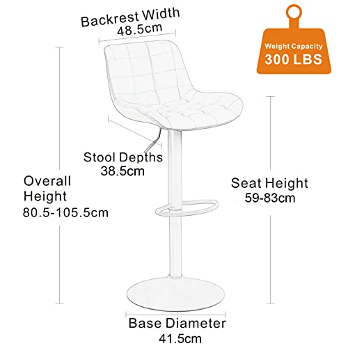2 Taburetes de Bar Tapizado en Piel para Cocina con Respaldo Ajustable en Altura y Giratorio en color Negro. Medidas. YOUTASTE