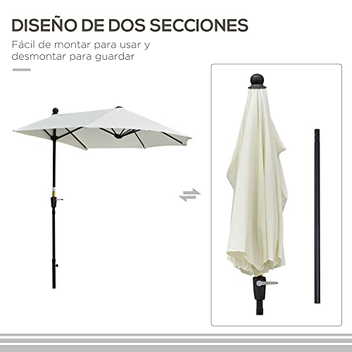 Diseño en dos secciones del Parasol de Pared de terraza o Jardín 200x190x240 cm con Manivela Poste de Acero y Base Cruzada con Protección Solar. Outsunny
