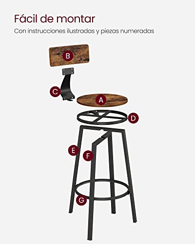 Fácil montaje de Juego de 2 Taburetes Altos de cocina o sillas de Bar de 73 cm de Alto con Respaldo, estuctura de Acero, Fácil Montaje, Estilo Industrial Marrón Rústico y Negro LBC026B01V1. Vasagle