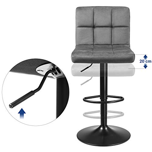 Detalle palanca de ajuste de Juego de 2 Taburetes para barra con respaldo ideales en la Cocina o el bar, tapizados de Terciopelo, Altura Ajustable Giratoria y Reposapiés, Metal, Gris Oscuro de Songmics