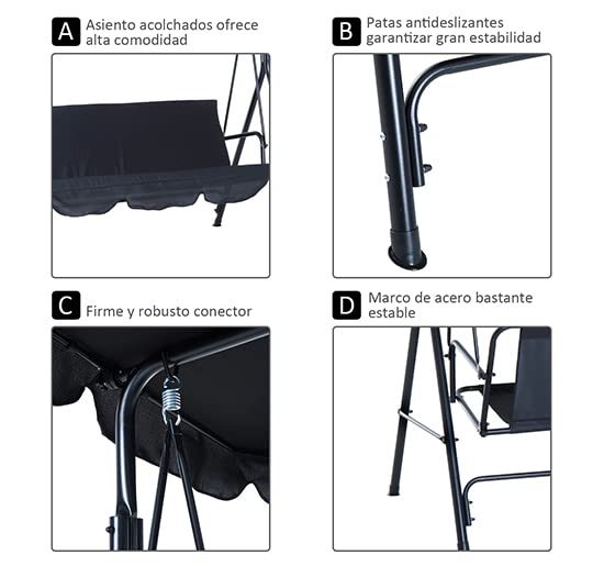 Columpio de Jardín de Metal con Parasol Balancín de 3 Asientos con Cojín y Techo Ajustable Negro. Características. Outsunny