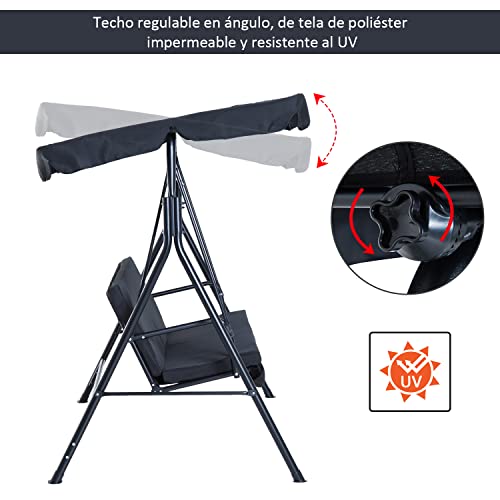 Columpio de Jardín de Metal con Parasol Balancín de 3 Asientos con Cojín y Techo Ajustable Negro. Techo basculante con protección UV. Outsunny