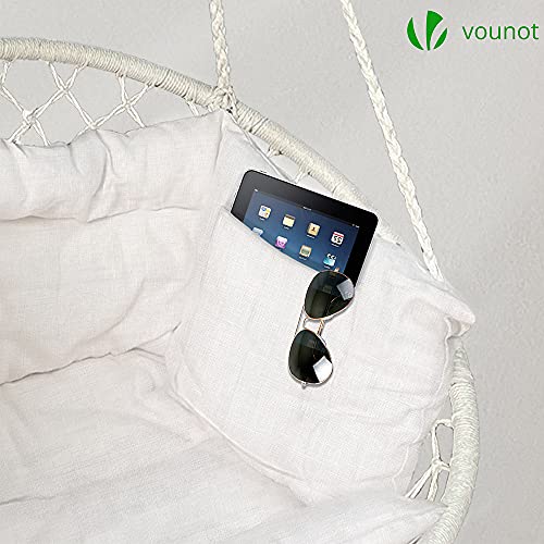 Detalle del bolsillo para guardar la tablet el móvil o tu libro de la Silla Colgante de Exterior con Flecos y Cojines, Kit de Suspensión, Ø80cm para Interior y Exterior, Beige. VOUNOT