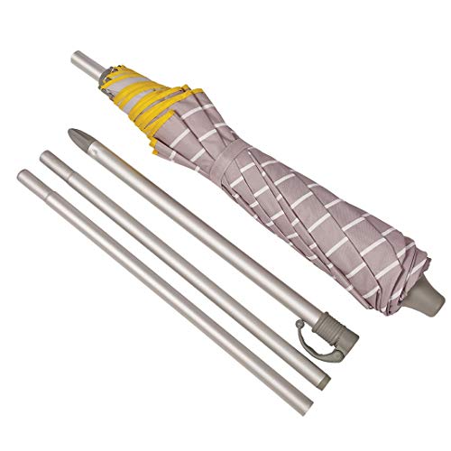 Vista de sombrilla plegada con secciones del mástil de la Sombrilla Parasol de aluminio ligero y plegable para terraza o playa de 155cm con Protección solar UPF 50+. Estampado a rayas. Incluye con funda de transporte. Color rodeno a rayas Hecho en España por EZPELETA