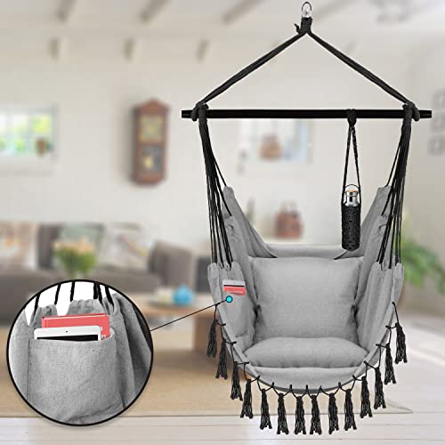Detalle del bolsillo para guardar libros de la Silla Colgante con 2 Cojines, portabebidas y Compartimento para Libros. Adultos y niños, resiste hasta 150 kg, para Interior y Exterior, Grigio. KESSER®
