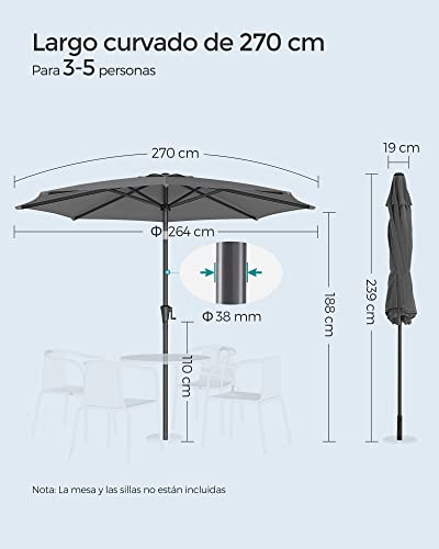 Sombrilla de Jardín 270 cm UPF 50+ Inclinación de 30° en dos Direcciones Manivela, para Patio sin Base, Gris GPU27GY - SONGMICS