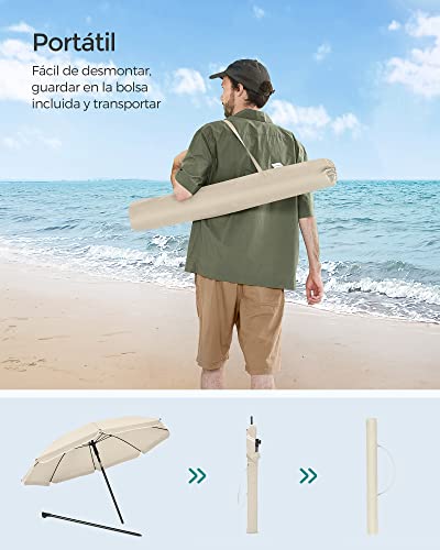 Práctico y transportable con la bolsa de transporte de la Sombrilla de playa plegable 160 cm, UPF 50+, Inclinación Bidireccional de 30°, Altura Ajustable, con Bolsa de Transporte, también para Balcón Jardín Terraza, sin Base, color Beige GPU60WTV1 - SONGMICS