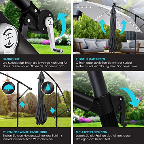 Detalles de manejo de la Sombrilla con luz de LED Solar Ø300 cm / Ø350 cm + Funda con Mecanismo de manivela con Interruptor on/Off protección UV Aluminio Impermeable de jardín. KESSER®