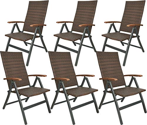 Set x6 Sillas de Jardín metalicas y Poli Ratán Respaldo Alto Plegable de 7 Posiciones, Resisten la Intemperie Gris/Marrón. Modena. BRUBAKER