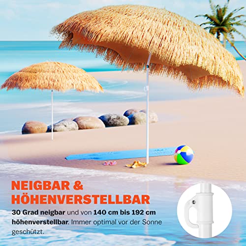 Protección solar perfecta, inclinable y regulable en altura de la Sombrilla de Playa Hawaiana Ø 160cm Inclinable de Rafia o paja Color Natural. Kingsleeve
