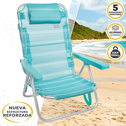 Nueva estructura reforzada de la Silla plegable de playa con cojín, 5 posiciones hasta horizontal, 48x45,5x84 cm, altura del asiento 21 cm, peso máx 100 kg, estructura reforzada, aluminio y PVC. 53963 Aktive
