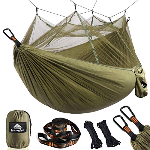 Hamaca Ultra Ligera para Viaje y Camping con Mosquitera. Soporta 300 kg, Nylon de Paracaídas de Secado Rápido Transpirable 2 x Mosquetones Premium,4 x Correas de Nylon Incluidas. NatureFun