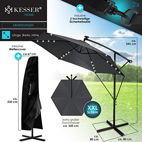 Medidas de la Sombrilla con luz de LED Solar Ø300 cm / Ø350 cm + Funda con Mecanismo de manivela con Interruptor on/Off protección UV Aluminio Impermeable de jardín. KESSER®