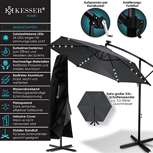 Características de la Sombrilla con luz de LED Solar Ø300 cm / Ø350 cm + Funda con Mecanismo de manivela con Interruptor on/Off protección UV Aluminio Impermeable de jardín. KESSER®