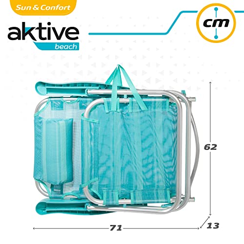 Medidas en posición plegada de la Silla plegable de playa con cojín, 5 posiciones hasta horizontal, 48x45,5x84 cm, altura del asiento 21 cm, peso máx 100 kg, estructura reforzada, aluminio y PVC. 53963 Aktive