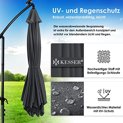 Vista plegada, resistencia UV y otras características de la Sombrilla con luz de LED Solar Ø300 cm / Ø350 cm + Funda con Mecanismo de manivela con Interruptor on/Off protección UV Aluminio Impermeable de jardín. KESSER®