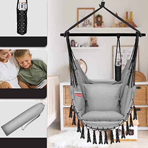 Vista de la Silla Colgante con 2 Cojines, portabebidas y Compartimento para Libros. Adultos y niños, resiste hasta 150 kg, para Interior y Exterior, Grigio. KESSER®