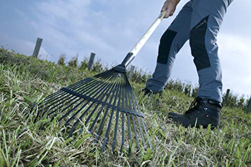 Limpiando de hojas el jardín con el Rastrillo para limpieza de jardín de ramas y hojas. Púas de acero. 3041 CM. Bellota