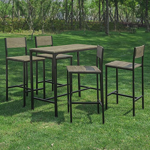 Mesa Alta de Bar y 4 Taburetes con Respaldos Estilo Industrial,ES (Madera). Vista en jardín. OGT14-N. SoBuy