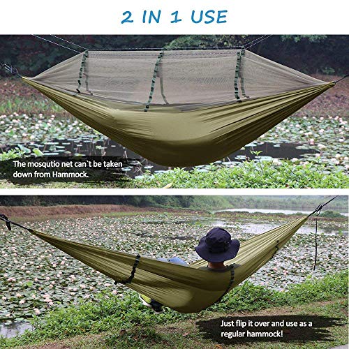 2 en 1. Disfruta con mosquitera o sin ella de la Hamaca Ultra Ligera para Viaje y Camping con Mosquitera. Soporta 300kg, Nylon de Paracaídas de Secado Rápido Transpirable 2 x Mosquetones Premium,4 x Correas de Nylon Incluidas. NatureFun