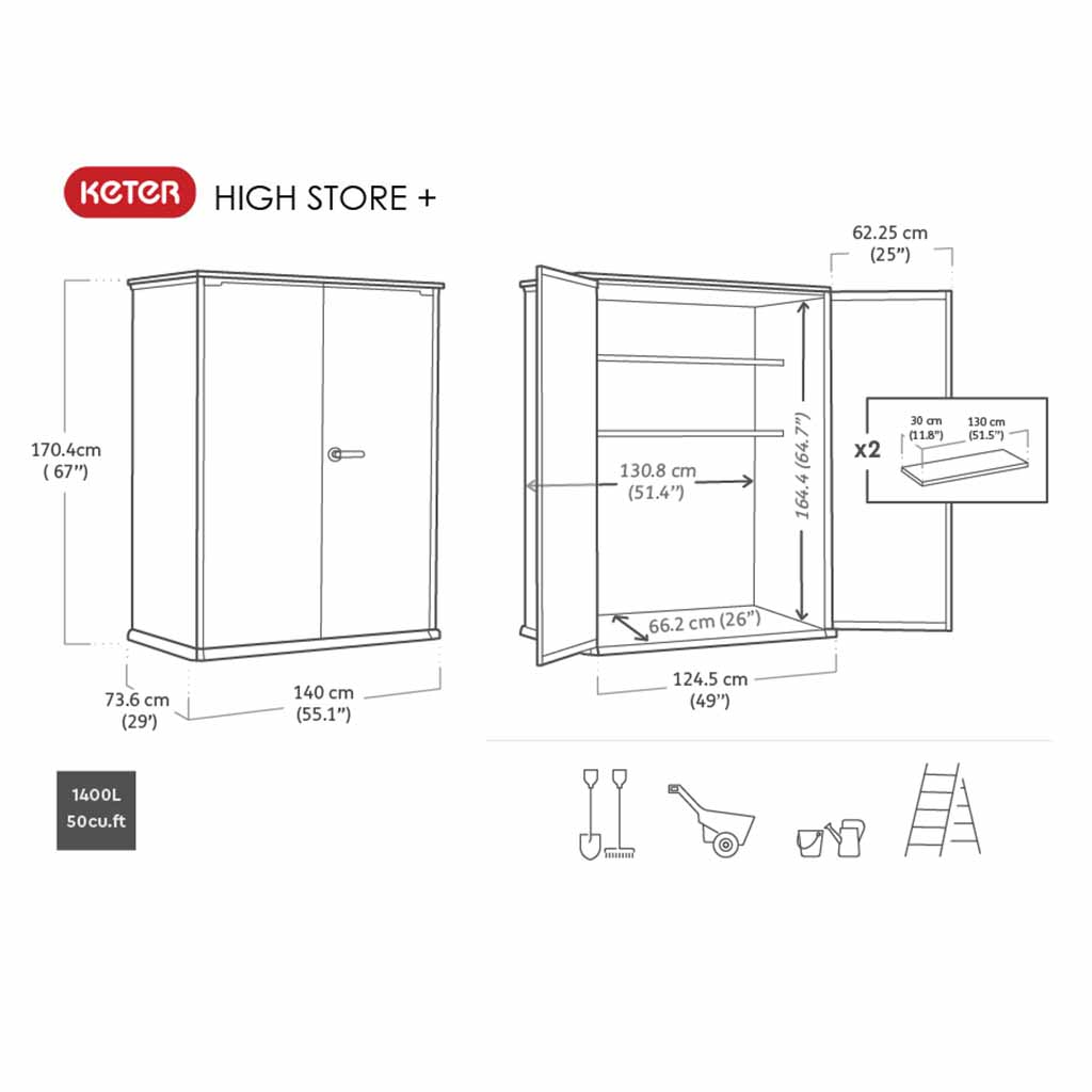 Cobertizo Armario Exterior, Gris. Duotech High Store Plus. Keter. Detalle medidas