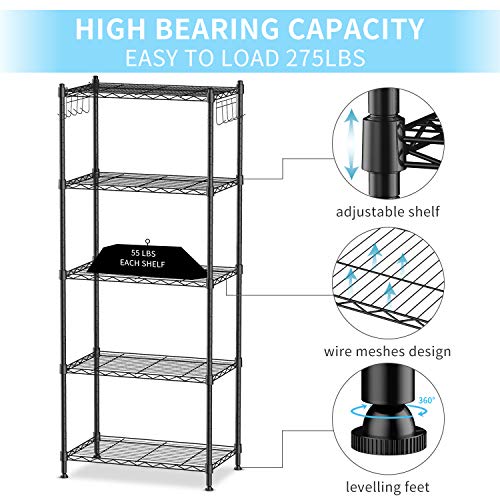 Características de Estantería Multiuso Ajustable, con 2 x 5-Ganchos Laterales, Capacidad de Carga 25 kg por Balda, 59 x 34 x 150 cm - Negro. Alvorog