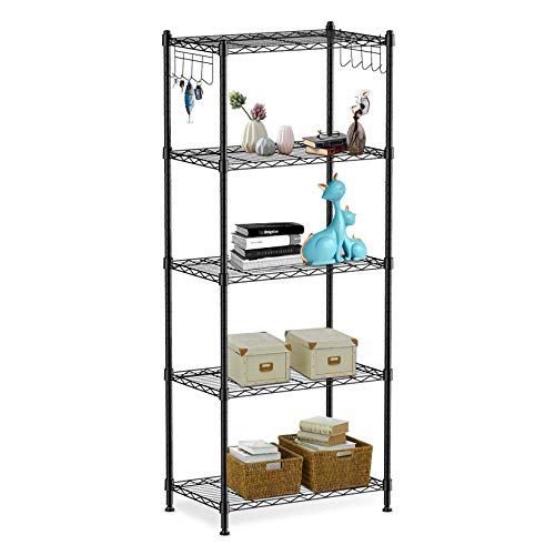 Ajustable, con 2 x 5-Ganchos Laterales, Estantería Multiuso Capacidad de Carga 25kg por Balda, 59 x 34 x 150 cm - Negro. Alvorog