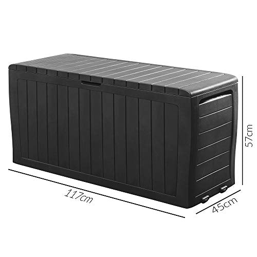 Baúl Antracita de almacenaje Marvel Plus. 270 litros almacenamiento. Accesorios de jardín arcón Cofre Banco Interior. Medidas. Deuba Keter