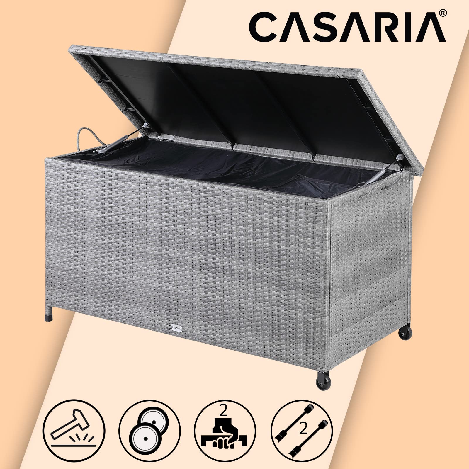 Arcón CASARIA con tapa abierta de Poliratán Gris con 2 Ruedas y Asas con pictogramas de características