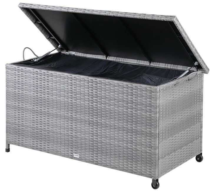 Arcón CASARIA con tapa abierta de Poliratán Gris con 2 Ruedas y Asas sobre fondo blanco