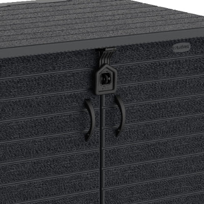 Detalle del cierre y asas del arcón cubre cubos de exterior Duramax