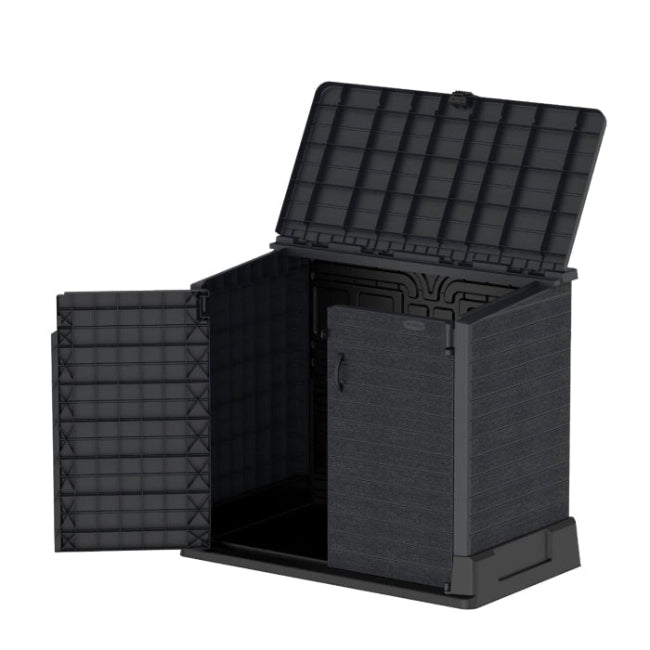 Vista en escorzo con puerta abierta del arcón cubre cubos de exterior Duramax