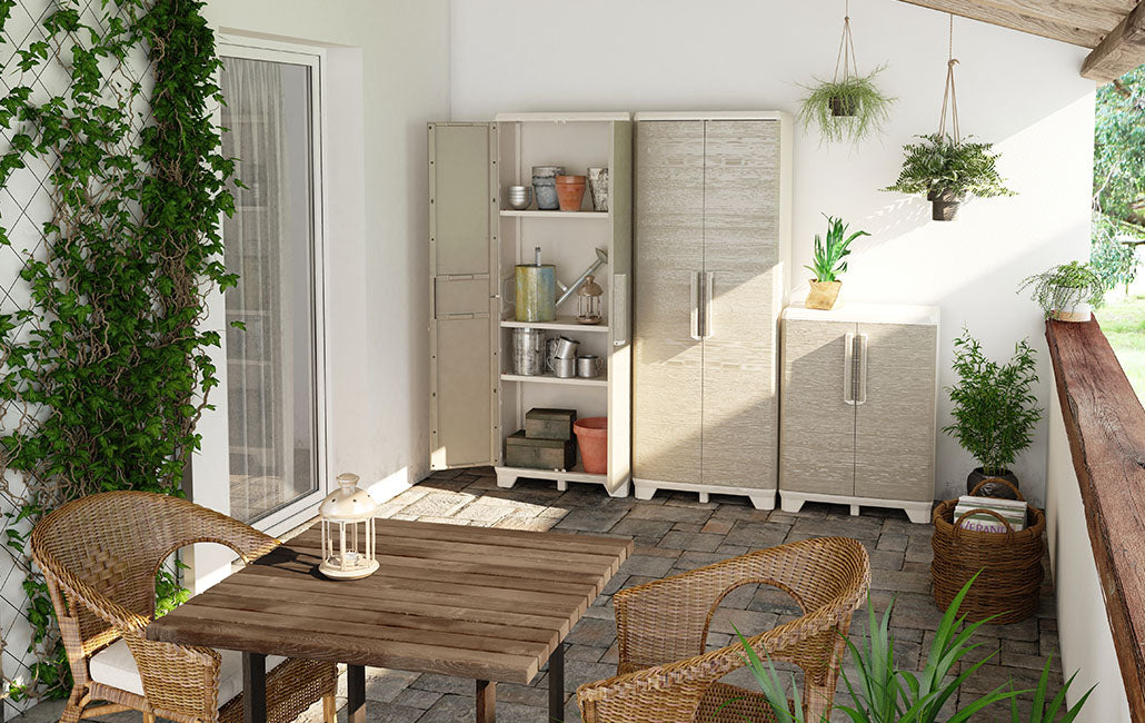 Armario Alto con 3 Baldas Wood Grain, color Beige con Puertas Textura Madera, 182 x 68 x 39 cm. Keter