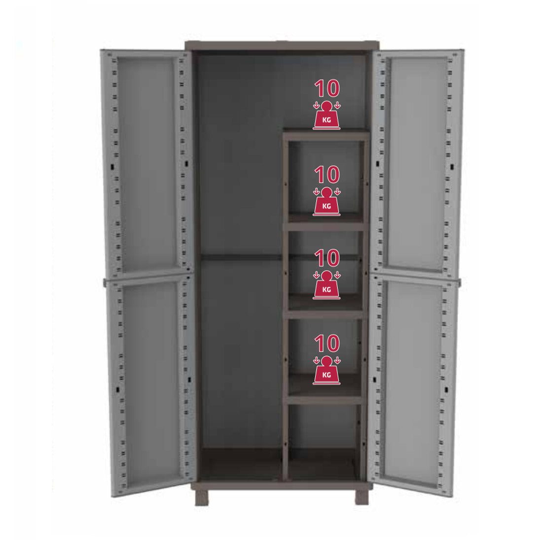 Armario Alto 2 Puertas con 1 Estantería Interna y 4 Estantes, Gris, 68x37,5x170 cm. Jwood 368. Terry. Detalle peso admitido por estante