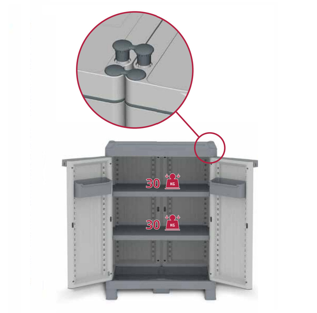 Armario 2 Puertas, 2 Estantes Internos y 2 Cubetas, Gris, 43,8x97,6x70 cm. Base 700 UW. TERRY. Detalle peso 30 kg por balda