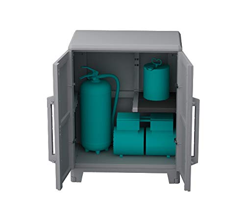 Armario Multifunción 2 Puertas, Material: Plástico, Dimensiones: 78x43.6x101.6 cm, Gris/negro. Armario bajo con puertas abiertas y enseres. Transforming Modular 2, Terry | maxjardin