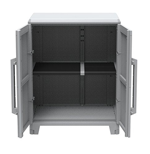 Armario Multifunción 2 Puertas, Material: Plástico, Dimensiones: 78x43.6x101.6 cm, Gris/negro. Armario bajo con puertas abiertas. Transforming Modular 2 cuerpos vista frontal, Terry | maxjardin