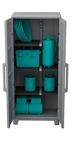 Armario Multifunción 4 módulo 2 Puertas, Material: Plástico, Dimensiones: 78 x 43.6 x 184.40 cm, Gris/Negro. Vista con puertas abiertas y productos de taller en su interior. Transforming Modular 4. Terry | maxjardin