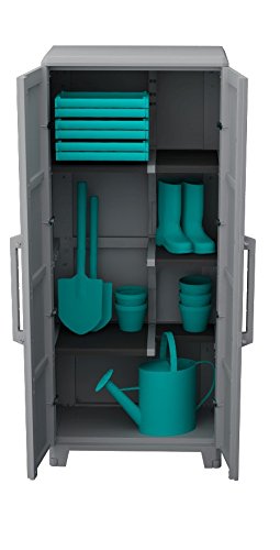 Armario Multifunción 4 módulo 2 Puertas, Material: Plástico, Dimensiones: 78 x 43.6 x 184.40 cm, Gris/Negro. Vista con puertas abiertas y productos de jardinería en su interior. Transforming Modular 4. Terry | maxjardin