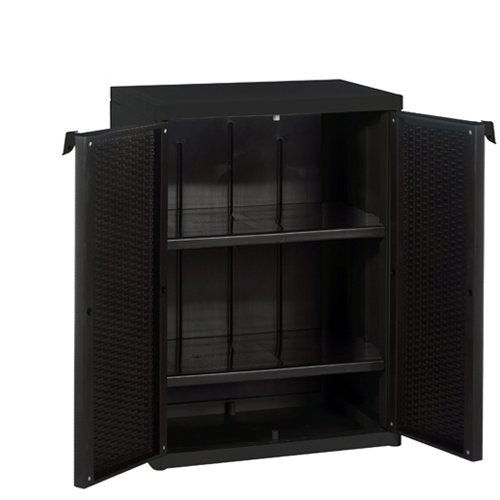 armario-bajo-home-negro-2-puertas-plastico-3Armario bajo de plástico HOME de Color Negro. 65x45x88 cm. Detalle puertas abiertas