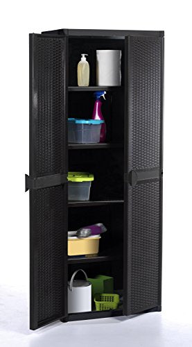 Detalle de puerta abierta del Armario de Resina negra de 4 estantes y 2 puertas 4B Ratan 65X45X172C