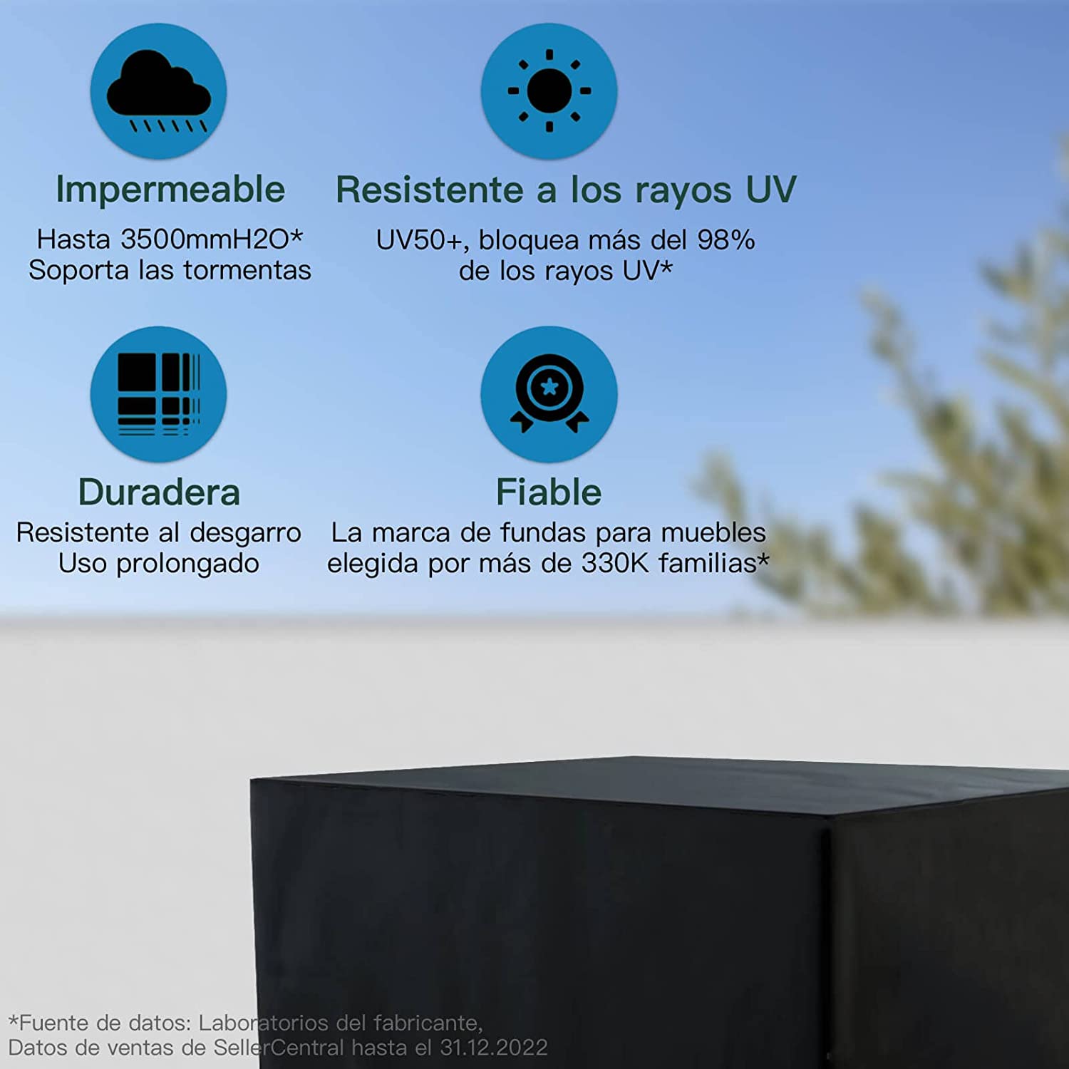 Características de la Funda impermeable para Mesa Exterior para Patio o Terraza de tejido Oxford Resistente Ø130X75x71cm. AWNIC