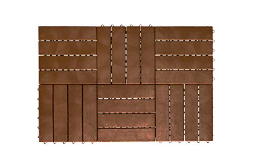 Vista cenital de las baldosas de Jardín para Exteriores Vista de pack de 6 piezas de aspecto de madera y disposición alterna sobre fondo blanco