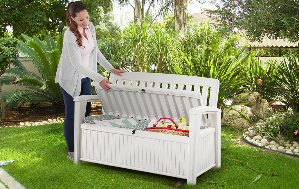 Banco con almacenamiento para exterior Patio Bench. 227 litros, marrón Espresso Baúl, 63.5 x 132.7 x 89.5 cm. Keter