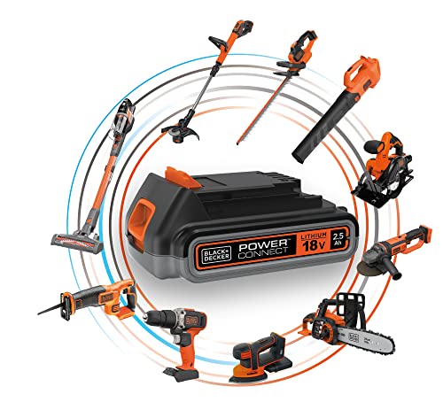 Ilustración de diversas herramientas con la batería de repuesto para herramientas eléctricas de 18 voltios de Black & Decker