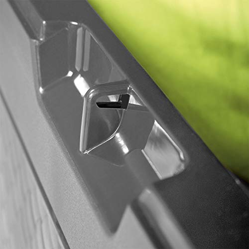 Baúl de almacenaje de Polipropileno Gris de 310 litros de jardín. Detalle de cierre. Casaria