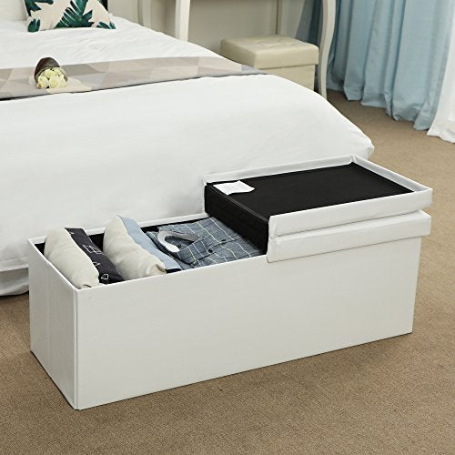 Baúl Puff Taburete para almacenaje Plegable Carga Máxima de 300 kg Blanco 110 x 38 x 38 cm. Packaging. Vista al pie de cama en habitación. LSF75WT. SONGMICS